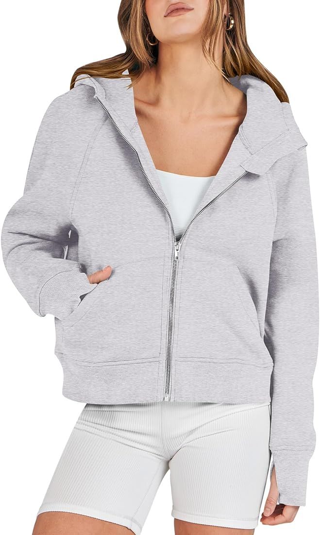 ANRABESS Women Hoodies Fleece Lined Full Zipper Sweatshirts Long Sleeve Crop Tops Clothes Sweater Th | Amazon (US)
