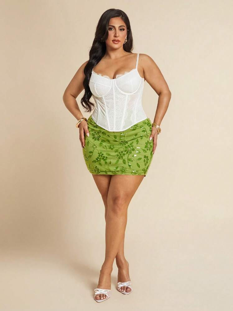 SHEIN BAE Plus Size Green Sexy Backless Tie Strap Pearl Sequin Skirt For Spring & Summer,Formal Skirt,Fall Women Clothes,Autumn,Back To School,Y2k Clothes Women,Night Out/Going Out,Date Night Outfits Women,Travel Outfit Airport, Lime Green Skirt, Tropical Skirt, | SHEIN