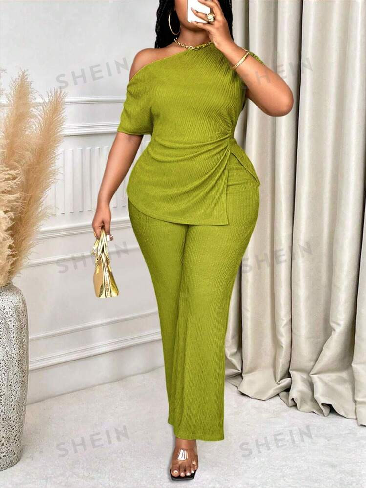 SHEIN Slayr 2pcs Plus Size Asymmetrical Neckline Ruffle Blouse And Slim-Fit Elegant Pants Set | SHEIN