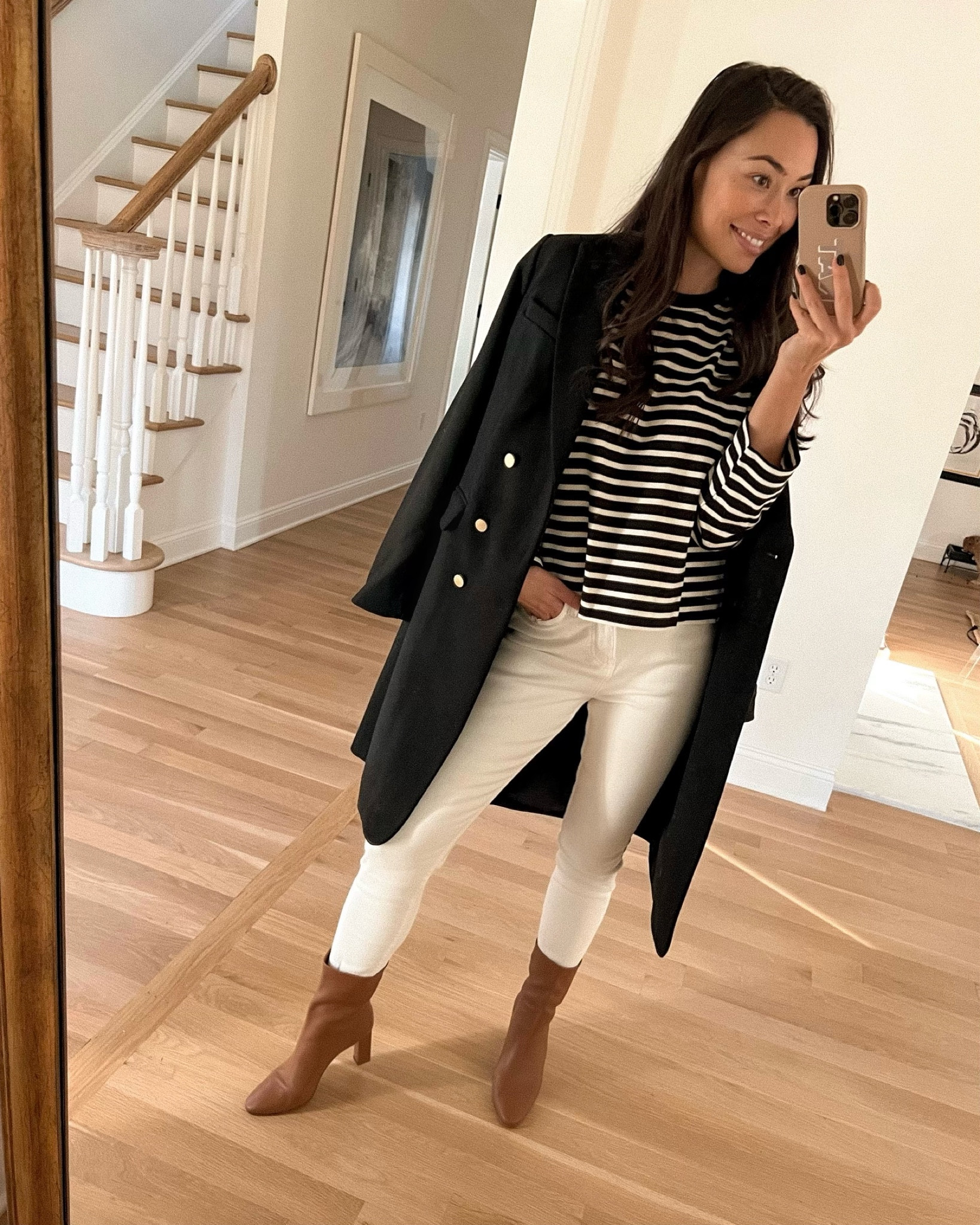Kat Jamieson of With Love From Kat wears a black coat with gold buttons, a stripe t shirt, white denim all under $100. @walmartfashion #walmartfashion #walmartpartner #sponsored 

#LTKSeasonal #LTKunder100 #LTKunder50