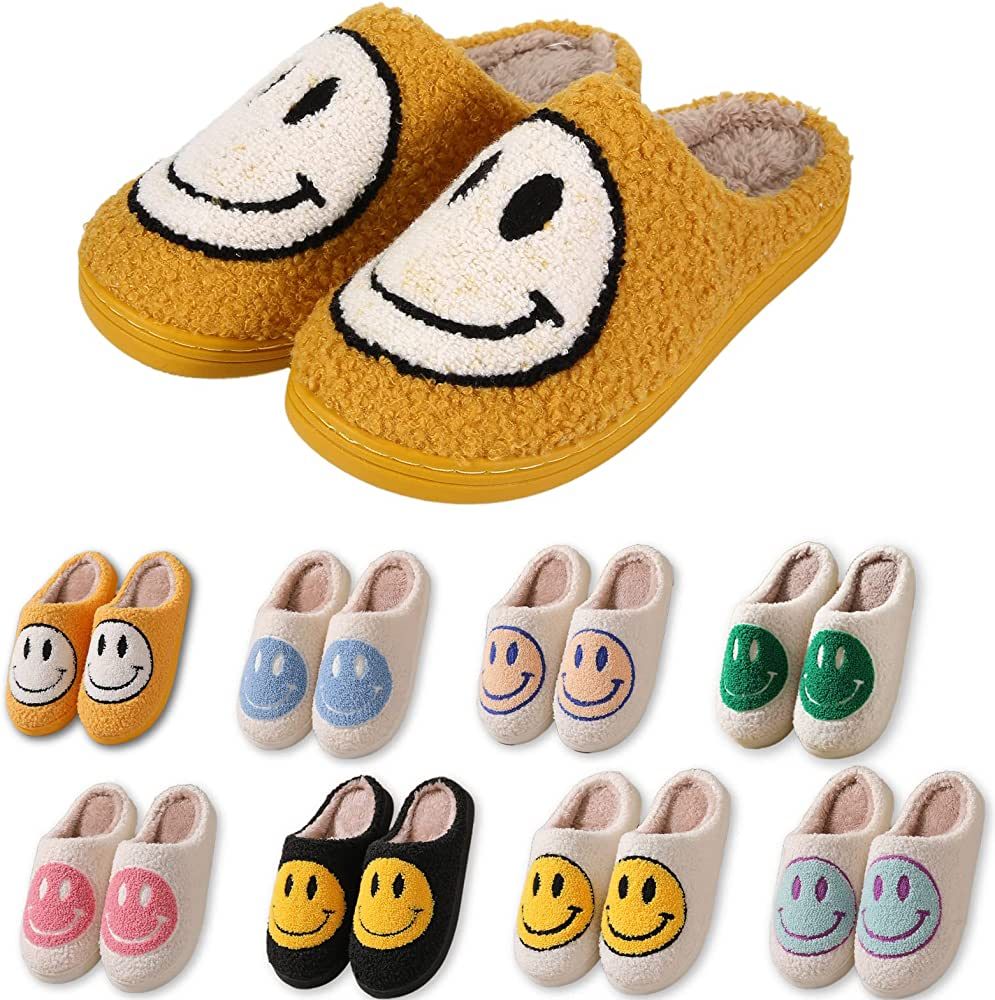 Smile Face Slippers，Rosyclo Retro Soft Plush Cozy House Slippers Slip-on Fluffy Indoor Outdoor ... | Amazon (US)