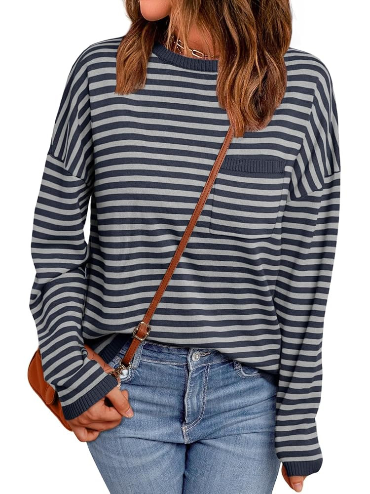 LILLUSORY Womens Striped Soft Knit Pullover Sweater Loose Fit Shirts with Chest Pocket | Amazon (US)