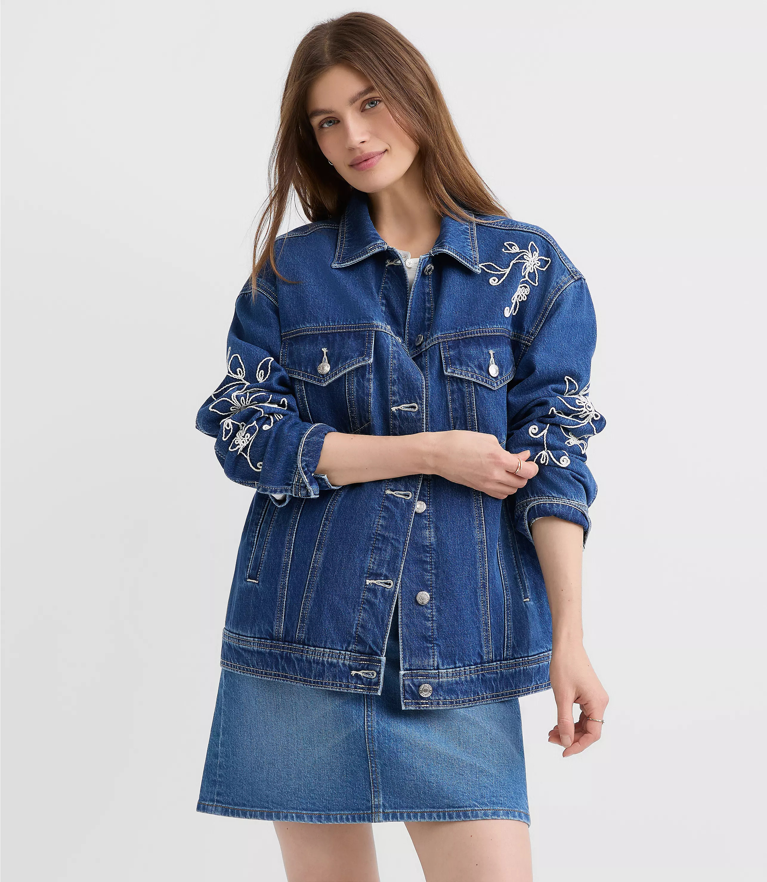 Floral Embroidered Oversized Denim Trucker Jacket in Bright Indigo Wash | LOFT