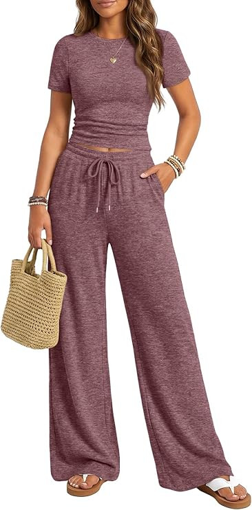 Trendy Queen Womens 2 Piece Lounge Matching Sets Wide Leg Pants Crew Neck Short Sleeve Shirt Swea... | Amazon (US)
