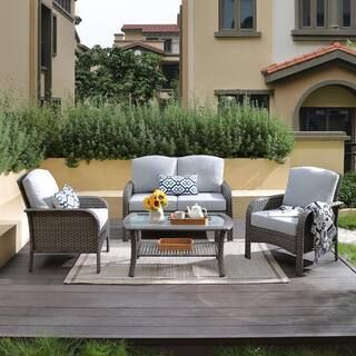 Venice Gray 4-Piece Wicker Modern Outdoor Patio Conversation Sofa Seating Set with Light Gray Cus... | The Home Depot