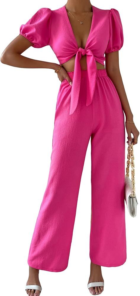 Floerns Women's 2 Piece Outfit Tie Front Puff Sleeve Crop Top with Pants Set | Amazon (US)