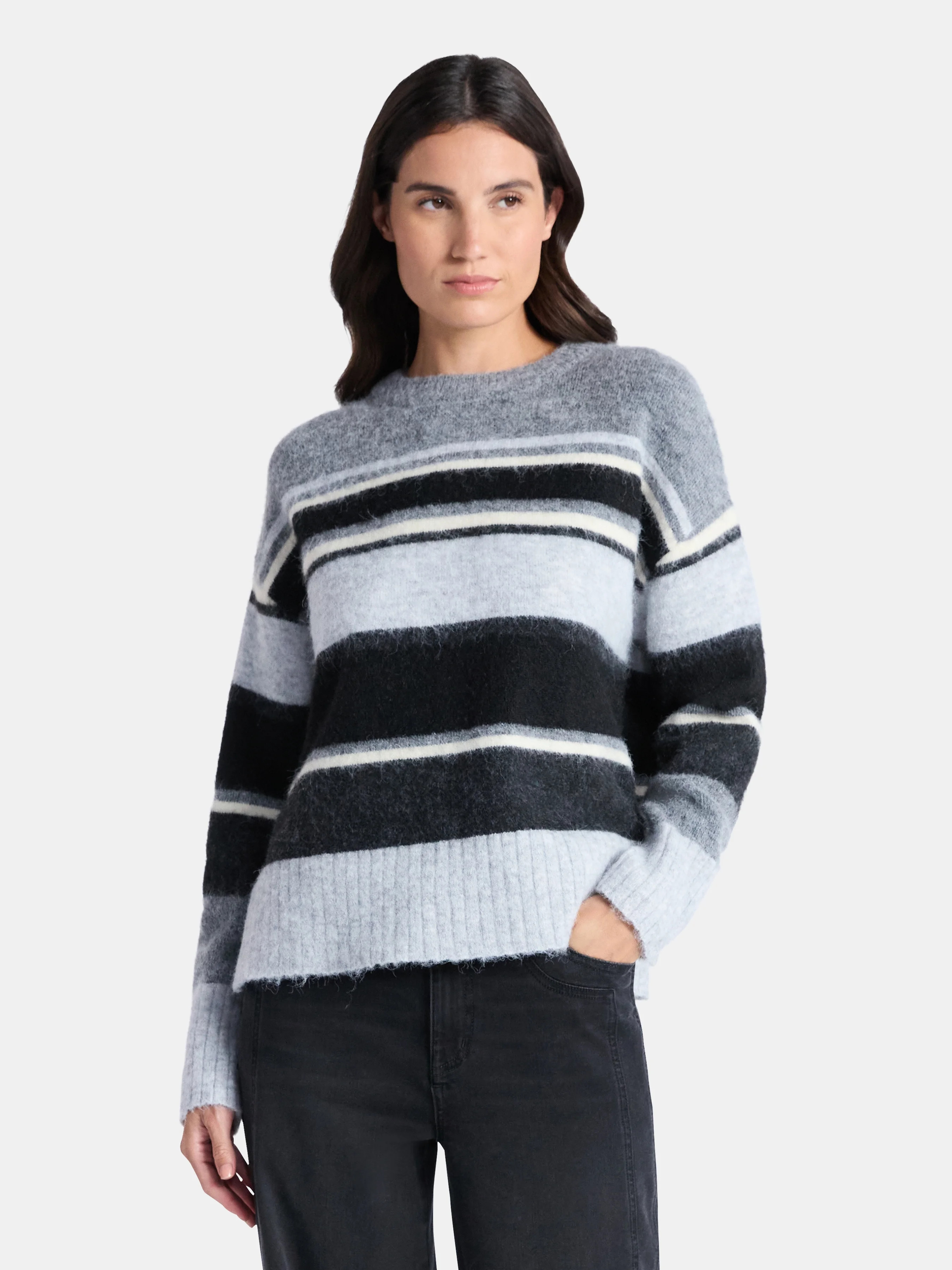 Time and Tru Women’s Brushed Stripe Sweater, Midweight, Sizes XS-XXXL | Walmart (US)