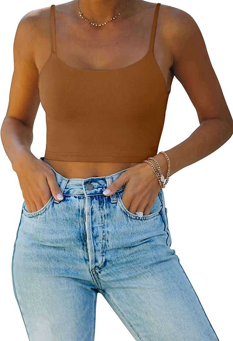 REORIA Women’s Sexy Adjustable Spaghetti Strap Double Lined Seamless Camisole Tank Yoga Crop To... | Amazon (US)