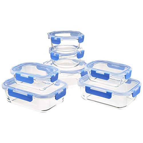 Amazon Basics Glass Food Storage Containers with Locking Lids, Set of 7, 14 pieces including lids, BPA-Free, clear with blue silicone ring | Amazon (US)