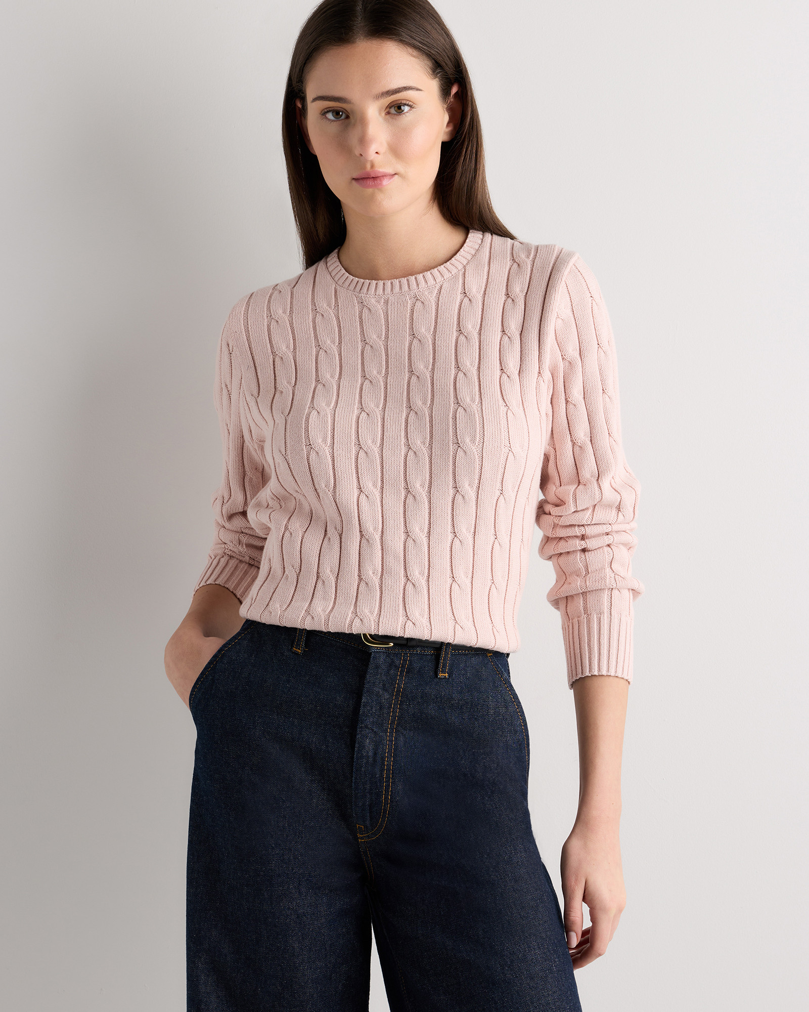 Quince | Women's Cable Crewneck Sweater in Shell Pink, Size Medium, Organic Cotton | Quince