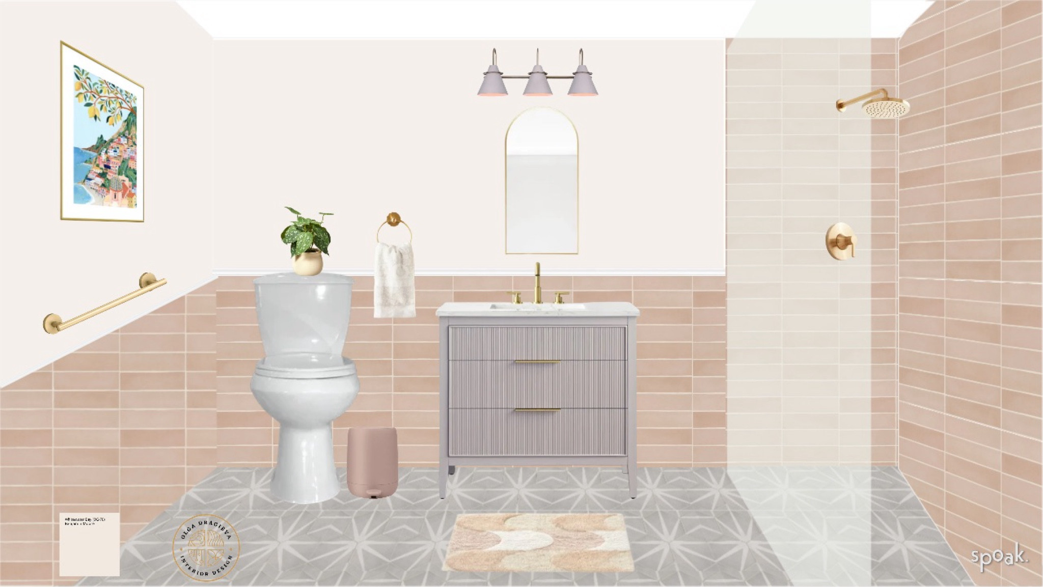 Warm and mid-century modern bathroom, I love the vanity and light from Wayfair, Italian art, gorgeous tile, neutral bath rug, arched mirror/medicine cabinet. #homedecor #bathroomdesign #moodboard 

#LTKSeasonal #LTKFamily #LTKHome