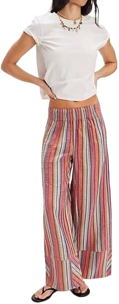 Obenie Women's Wide Leg Casual Striped Pants Elastic Low Waist Loose Pants Y2K Striped Casual Pan... | Amazon (US)