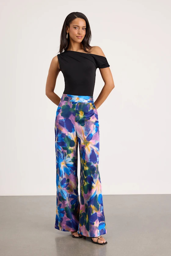 Thriving Vibes Blue Floral Print Satin Wide-Leg Pants | Lulus
