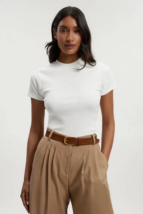 Compact Jersey Ribbed T-Shirt | Karen Millen UK + IE + DE + NL