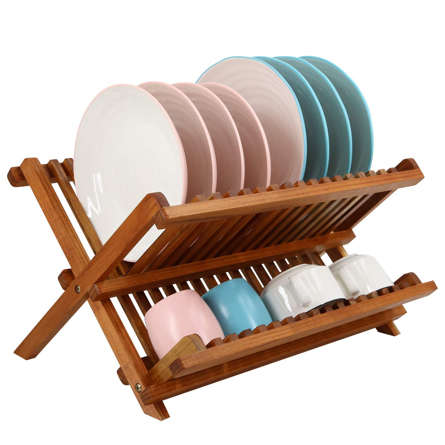 Utoplike Teak Dish Drainer Rack Collapsible 2 Tier Dish Rack Dish Drying Rack Foldable Plate Orga... | Amazon (US)
