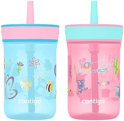 Contigo Leighton Kids Water Bottle, 2-Pack, 14oz, Spill-Proof, Blue Raspberry/Azalea & Butterlies... | Amazon (US)