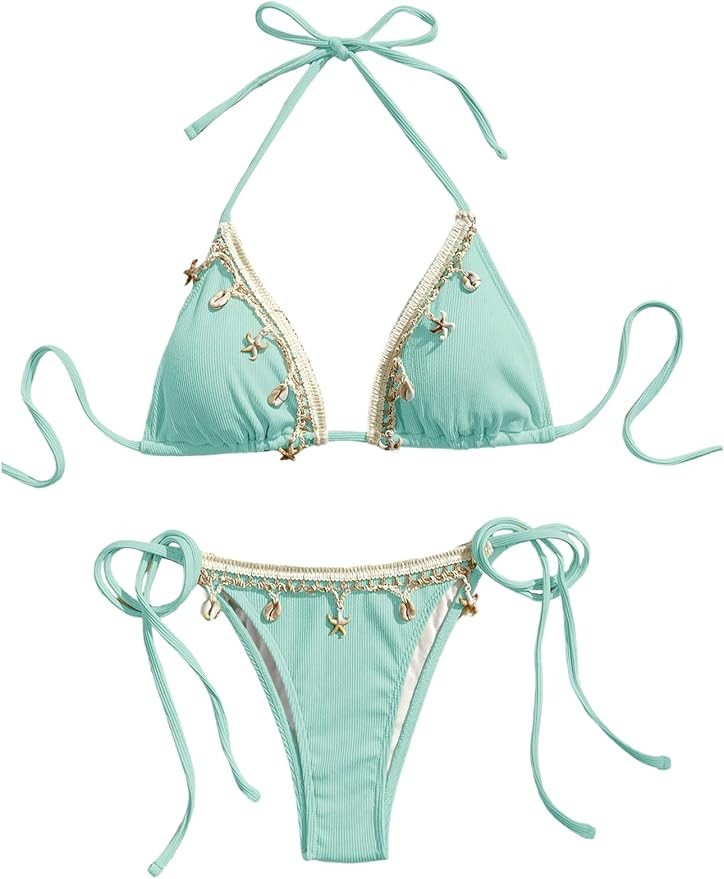 Verdusa Women's 2 Piece Sexy Halter Triangle Bikinis Thong Tie Boho Seashell Bikini Sets Swimsuit... | Amazon (US)
