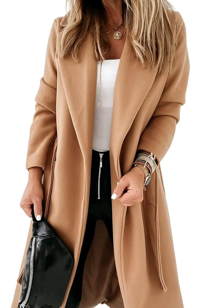 Womens Classic Coat Lapel Collar Open Front Belted Long Jacket | Amazon (US)