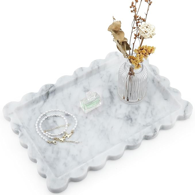 Real Natural Scalloped Marble Tray for Bathroom, Vanity, Kitchen and Desktop, Decorative Stone Tr... | Amazon (US)