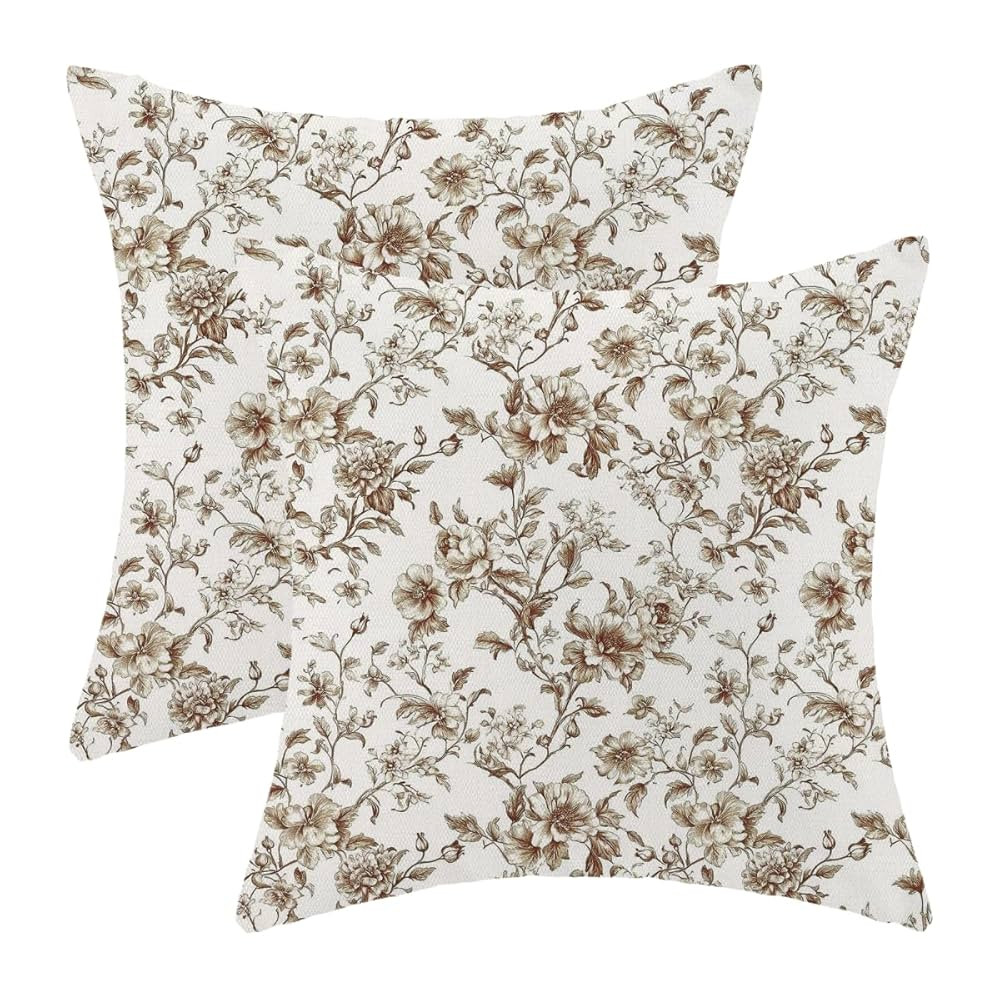 Brown Pillow Covers 18x18 Inch Vintage Brown Floral Throw Pillow Covers Set of 2 Chinoiserie Farm... | Amazon (US)