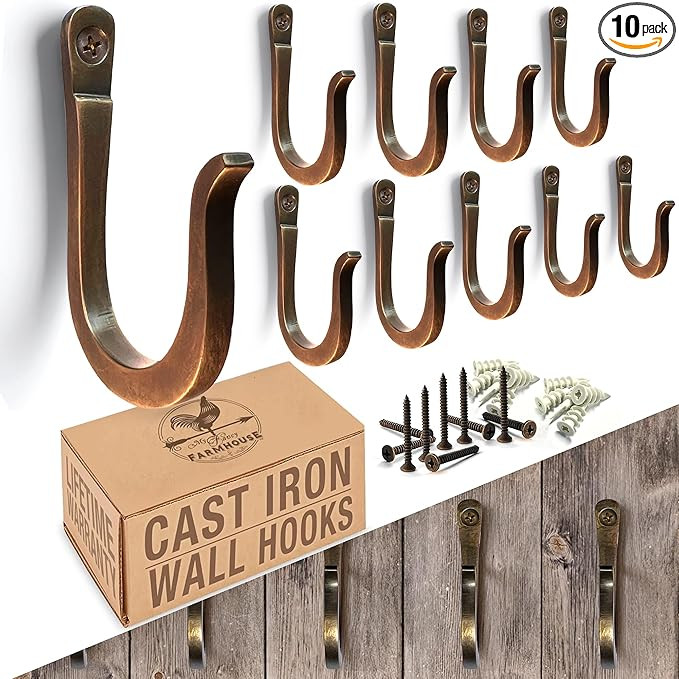 Antique Bronze Railroad Spike Cast Iron Hooks (10 Pack) Handmade Blacksmith, Wall Mounted Decorat... | Amazon (US)