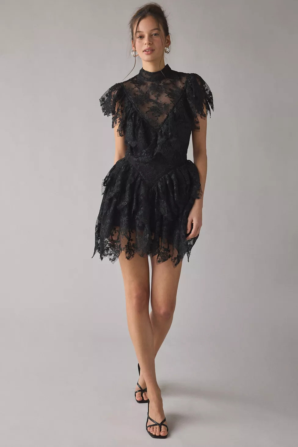 Bardot Tarryn Ruffle Basque Waist Lace Mini Dress | Urban Outfitters (US and RoW)