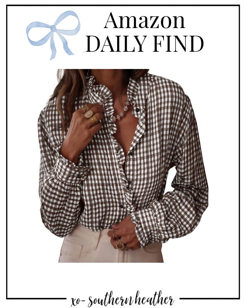 Ruffle gingham shirt 
Currently 41% off- under $20! 
Great for layering 🤎🤍🤎
Pink option cute for February! 