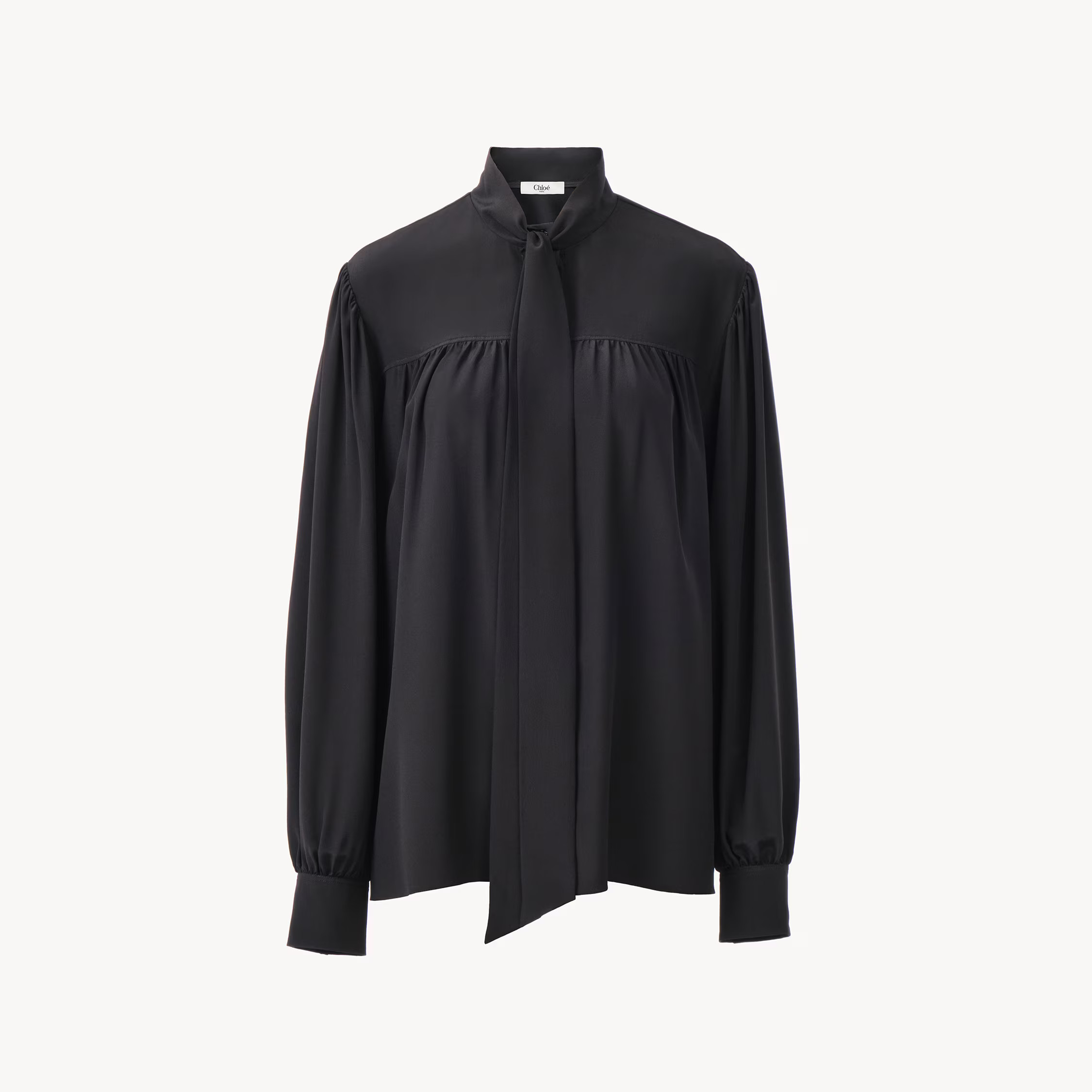 Chloé - Maxi gathered lavallière blouse in crêpe de chine - Black - 34 - Silk | Chloe US