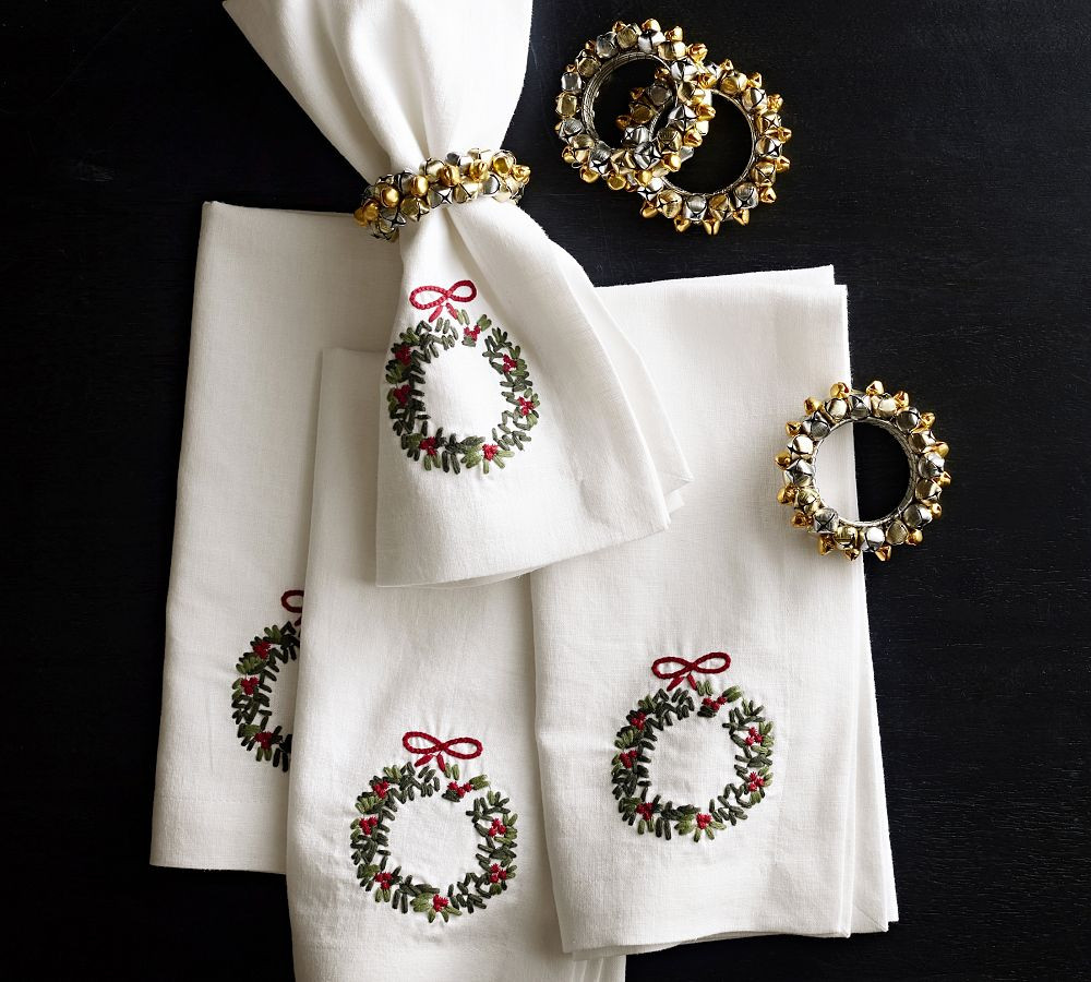 Holly Wreath Embroidered Linen/Cotton Napkins - Set of 4 | Pottery Barn (US)