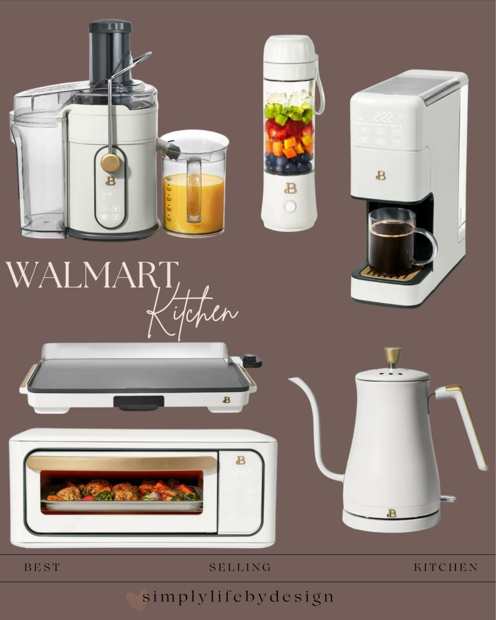 You won’t believe these kitchen small appliances are found at Walmart. The beautiful line has this white icing color and so many others to choose from to match your aesthetic. I have and love so many from this line.

Juicer
Portable blender
Single serve coffee
Extra large griddle
Air fryer toaster combo
Gooseneck kettle