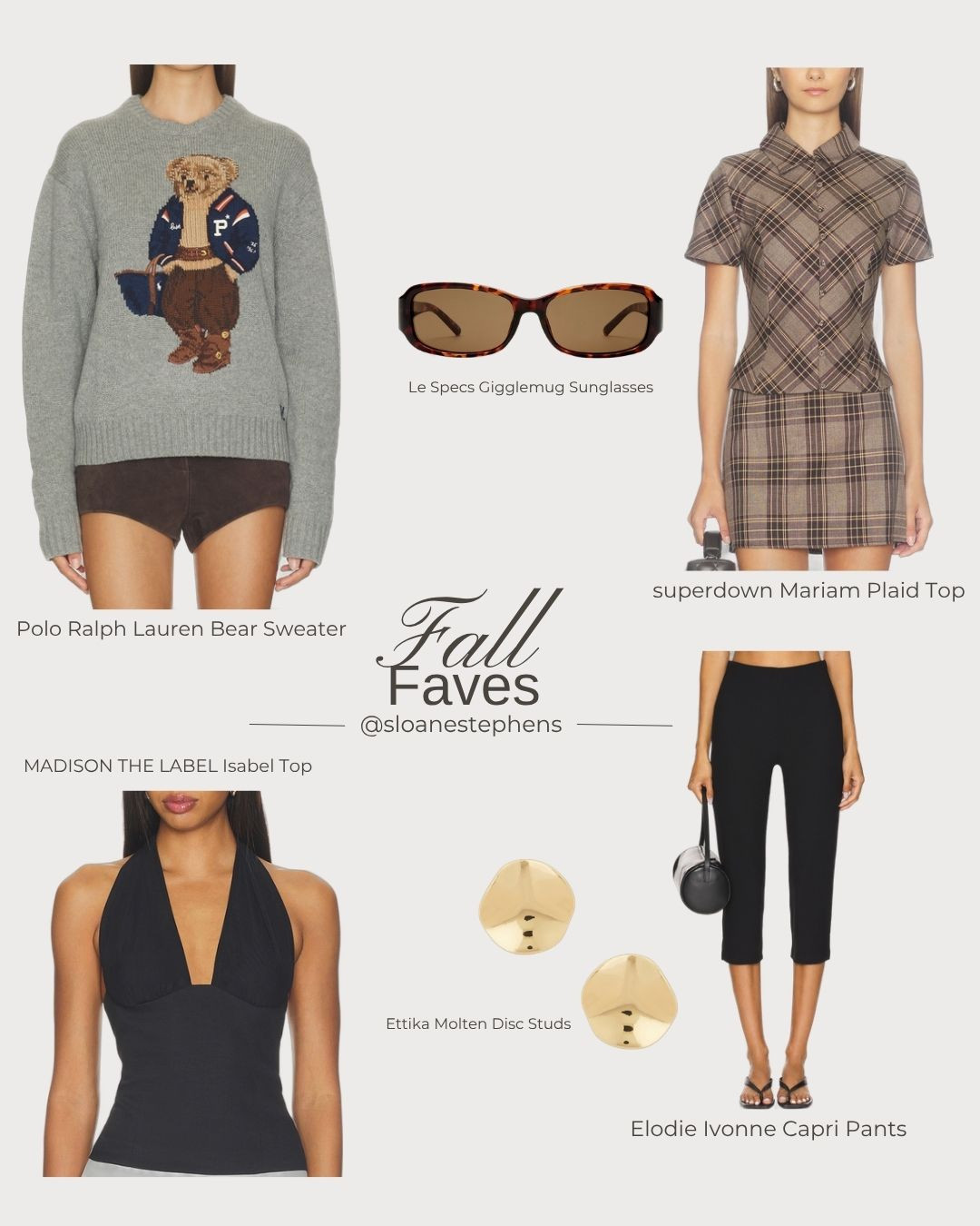 Fall faves on repeat 🍂 Easy weekend pieces I'm loving right now: the Polo Ralph Lauren bear sweater, a plaid top, a black halter, capri pants, Le Specs sunglasses and gold Ettika studs. #falloutfits #fallfashion #weekendoutfit #outfitinspo #fallstyle #revolve 

 #LTKootd #LTKSeasonal