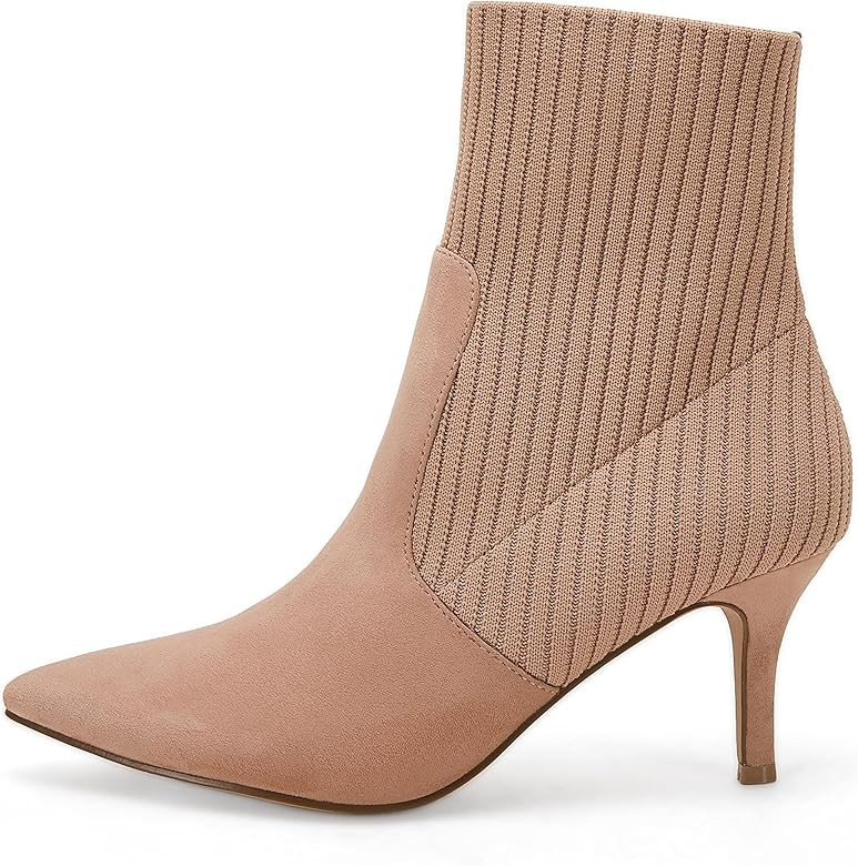 Coutgo Women's Pointed Toe Ankle Boots Stiletto Kitten Heel Knit Faux Suede Winter Sock Booties | Amazon (US)