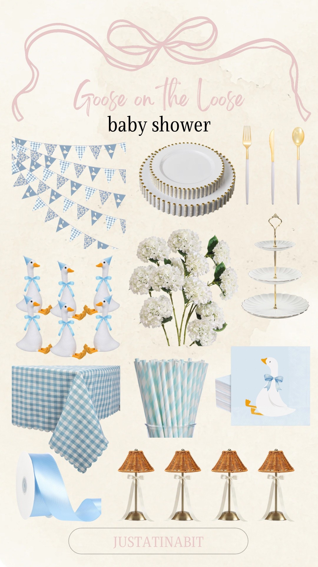 Silly goose is almost on the loose baby shower theme! 

Baby shower decorations, Rattan table lamps, blue ribbon, paper straws, gingham tablecloth, dinner plates, ceramic cake stand, artificial hydrangea, woven placemats, silverware, party decorations, party favors, paper napkins

#LTKmaternity #LTKbaby #LTKhome