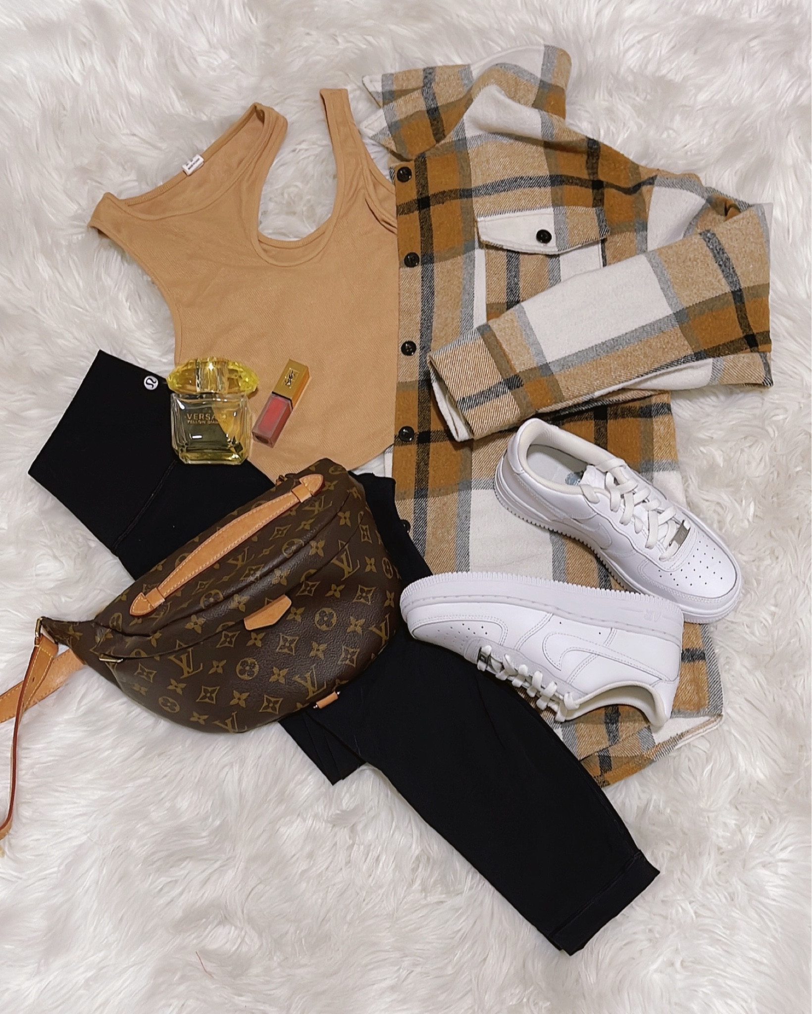 This is my everyday look. Leggings, cute top and a plaid shacket. Pair it up with a pair of comfy white sneakers, a practical bumbag, a little lip stain and a couple sprays of my favorite Versace Yellow Crystal and I’m out the door! 
-Sadly my bumbag has been sold out forever, but I’ve found one that’s only a fraction of the price 😉

#LTKfashion #LTKSale #LTKSalealert #LTKfashion #liketkit #ltkstyletip #ltkshoecrush #LTKoutfitinspo #LTKleggings #LTKfallfit #LTKfalloutfitinspo #LTKCasual #lululemon #nike #nikeairforce1 