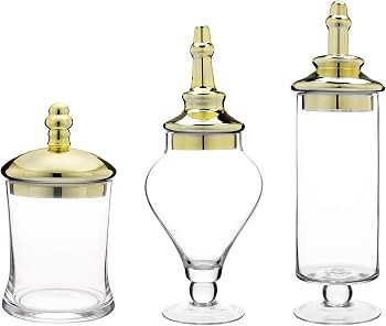 MyGift Set of 3 Antique Apothecary Style Glass Jars with Metallic Brass-Tone Lids | Amazon (US)