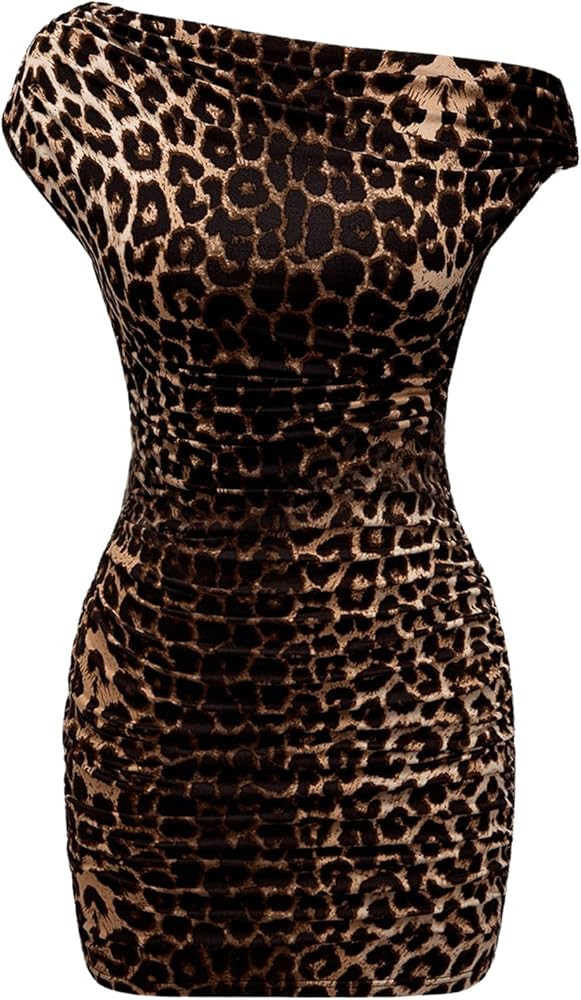 Floerns Women's Leopard Print Asymmetrical Neck Pencil Dress Ruched Bodycon Mini Dresses | Amazon (US)