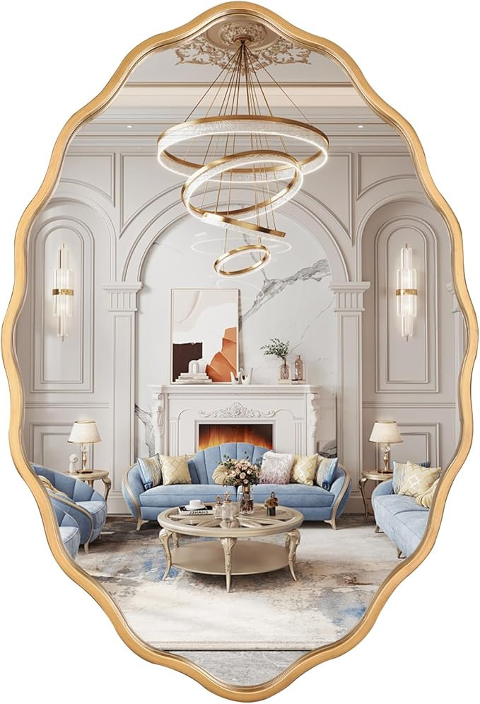 20 * 30 Inch Brushed Gold Oval Ripple Bathroom Mirror Wall Mounted Large Modern Countryside Suita... | Amazon (US)