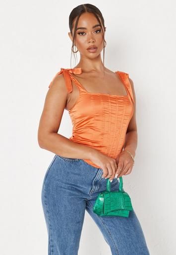 Missguided - Orange Tie Strap Satin Corset Top | Missguided (US & CA)