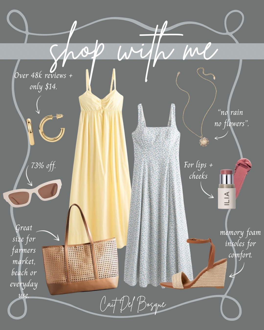 Two dreamy dresses, one curated lookbook of spring outfit inspo! Whether you're reaching for a buttery yellow babydoll maxi dress or a dainty blue floral midi, these pieces were made for all your sunshine-filled events. Paired with ankle strap wedge heels, layered gold jewelry, and the cutest rattan tote, this look is perfect for twirling into a bridal shower, baby shower, brunch, or spring garden party.

spring outfit inspo, bridal shower guest outfit, baby shower outfit, spring dress outfit, garden party outfit, spring brunch look, feminine spring style, wedding guest dress spring, Anthropologie, Amazon, quince, target, Abercrombie, makeup, ilia lip, cream blush, gold hoop earrings, buttery yellow, spring fashion, women’s dress, spring 2025, summer fashion, dress, floral, flowers, wedges, heels, women’s shoes, sunglasses

#LTKBeauty #LTKStyleTip #LTKSeasonal