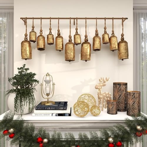 BELLUXE Cow Bells Giant Vintage Rustic Tin Metal Set of 12: Handmade XL Antique Brass Decor for Holidays, Swiss Souvenirs, Rustic Christmas Decor on Jute Rope | Amazon (US)
