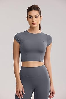 Workout Crop Tops for Women Yoga Short Sleeve Mild Support Slim Fit Cropped Athletic Shirts Gym T... | Amazon (US)