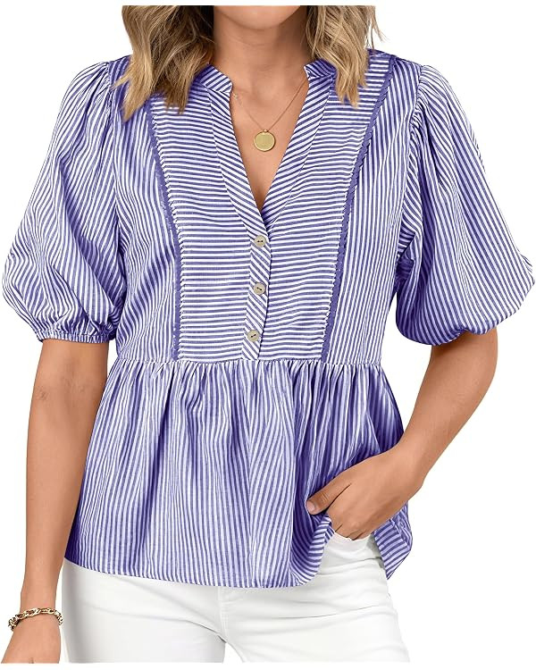 dowerme Womens Summer Tops 2026 Fashion Lantern Short Sleeve V Neck Button Peplum Shirts Spring S... | Amazon (US)