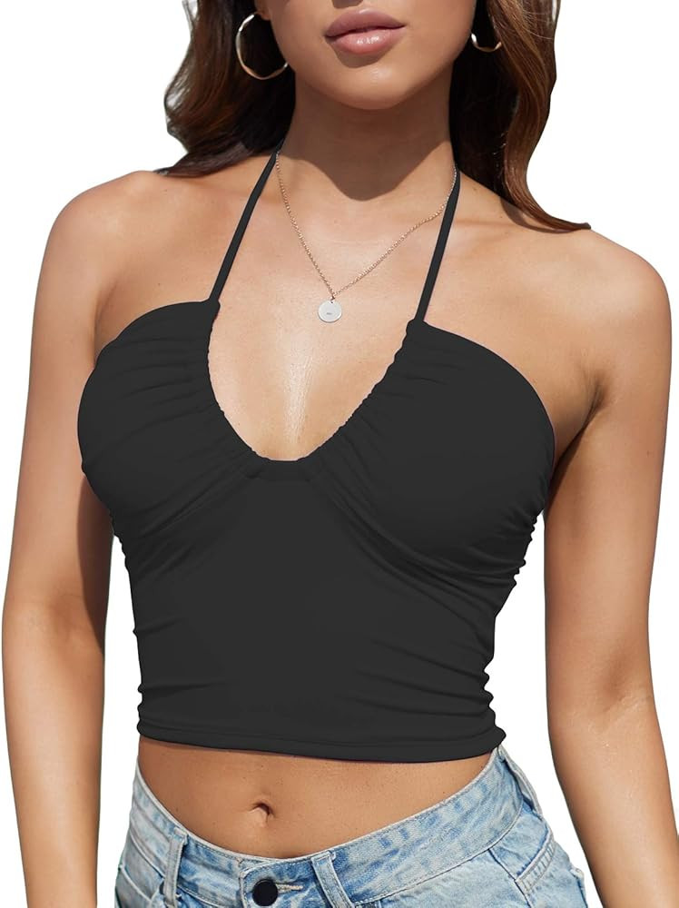 Padded Crop Tank Tops for Women Longline Sports Bra Ribbed Sexy Strappy Camisole Halter V Neck | Amazon (US)