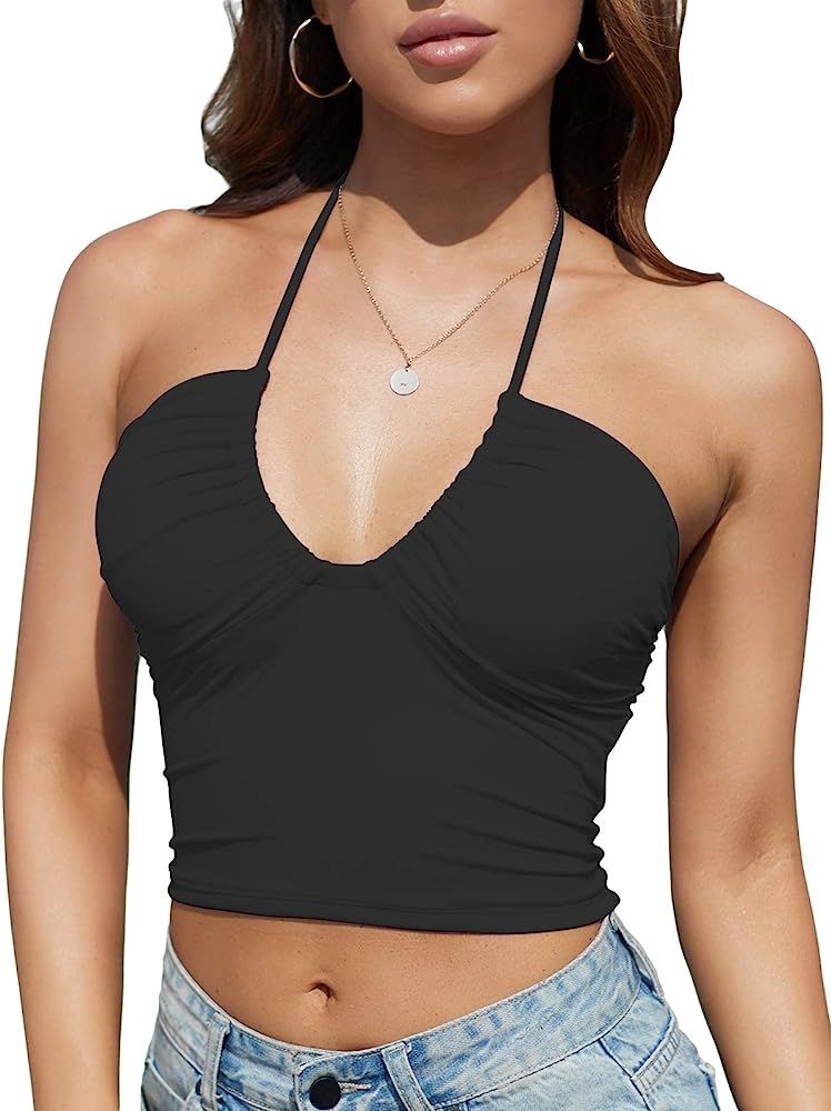 Padded Crop Tank Tops for Women Longline Sports Bra Ribbed Sexy Strappy Camisole Halter V Neck | Amazon (US)