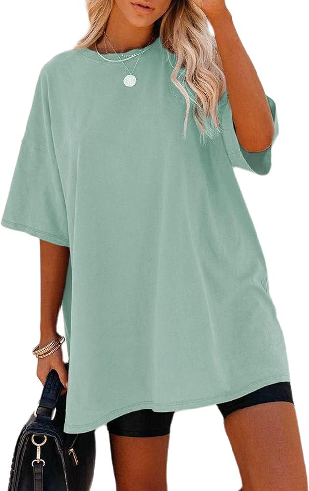 Remidoo Women's Oversized T Shirt Crewneck Solid Short Sleeve Baggy Cotton Tees | Amazon (US)