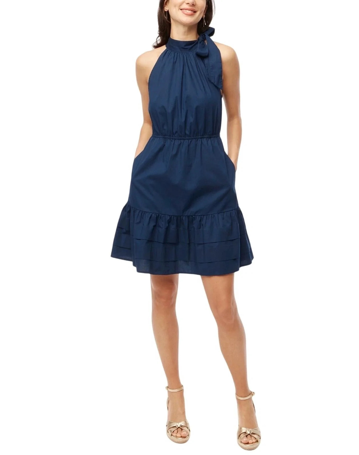 Poplin Halter-Neck Mini Dress In Navy | Shop Simon