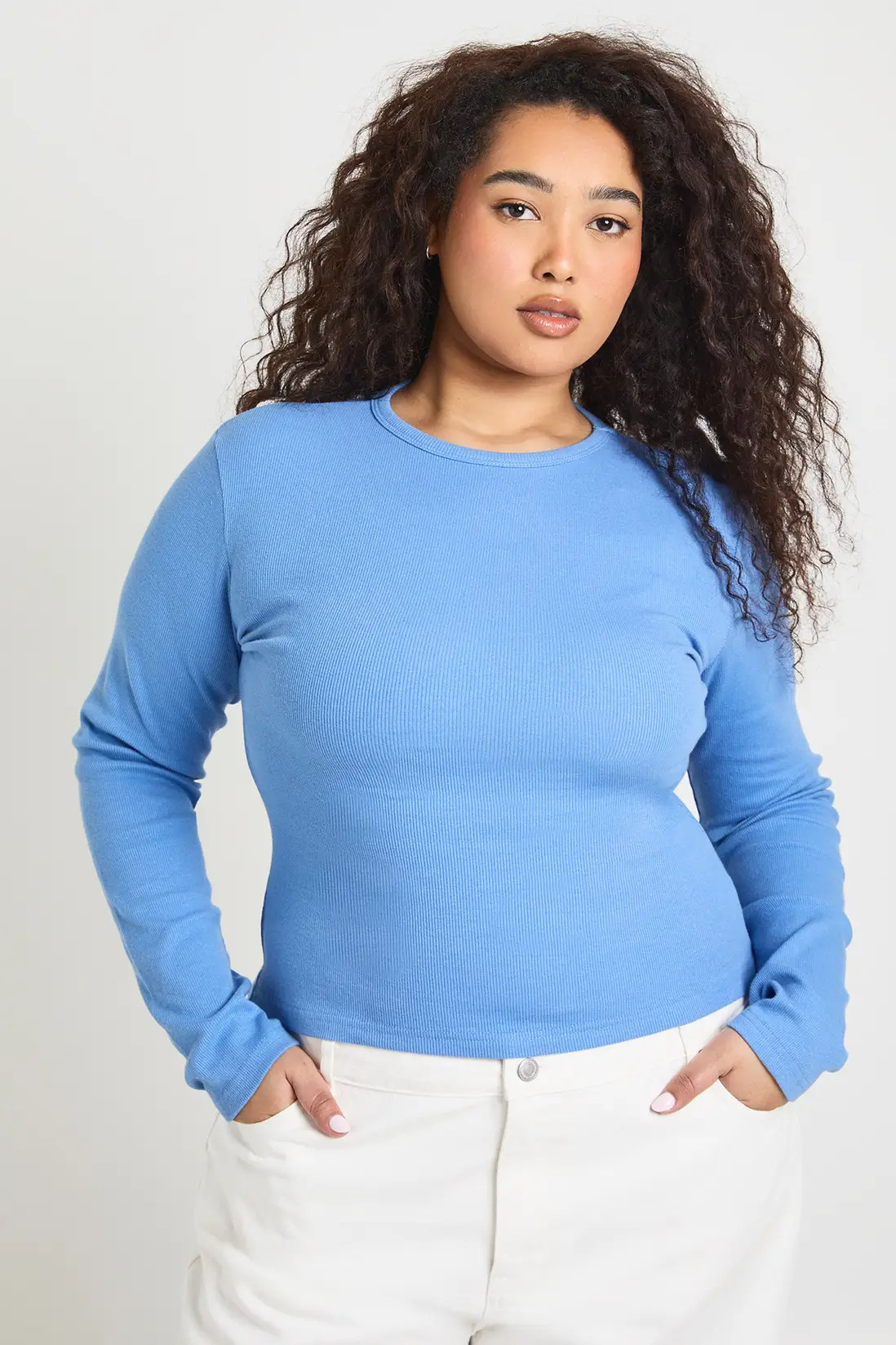 Powder Blue Plus Basic Rib Long Sleeve Fitted Longline Top | Boohoo | Boohoo.com (UK & IE)