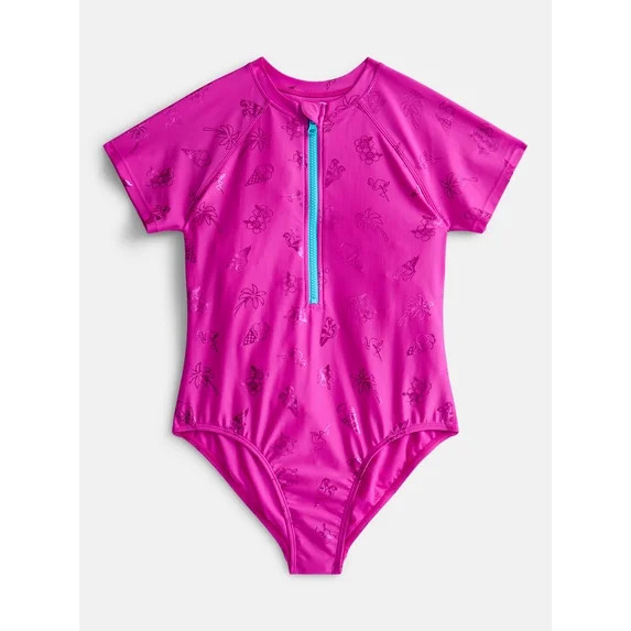 Wonder Nation Girls Zip-Up Rash Guard One-Piece Swimsuit with Short Sleeves, Sizes 4-18 | Walmart (US)