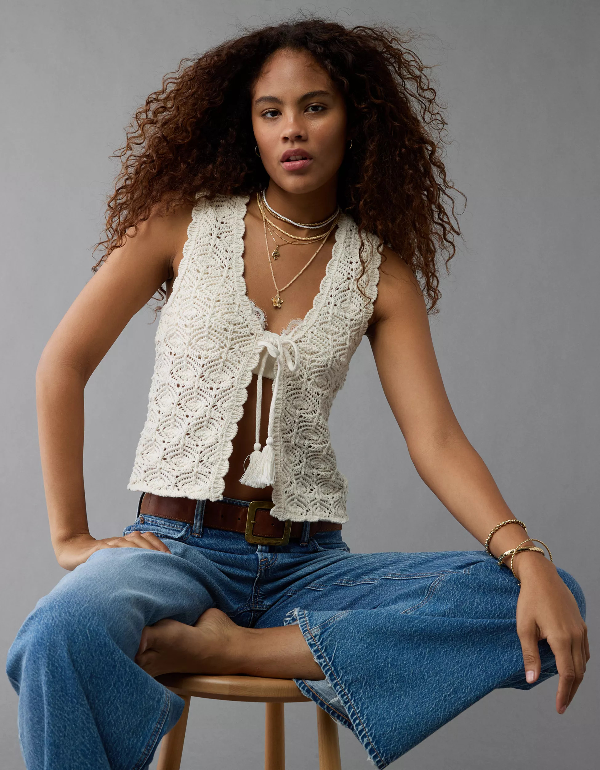 AE Tie Front Crochet Vest | American Eagle Outfitters (US & CA)