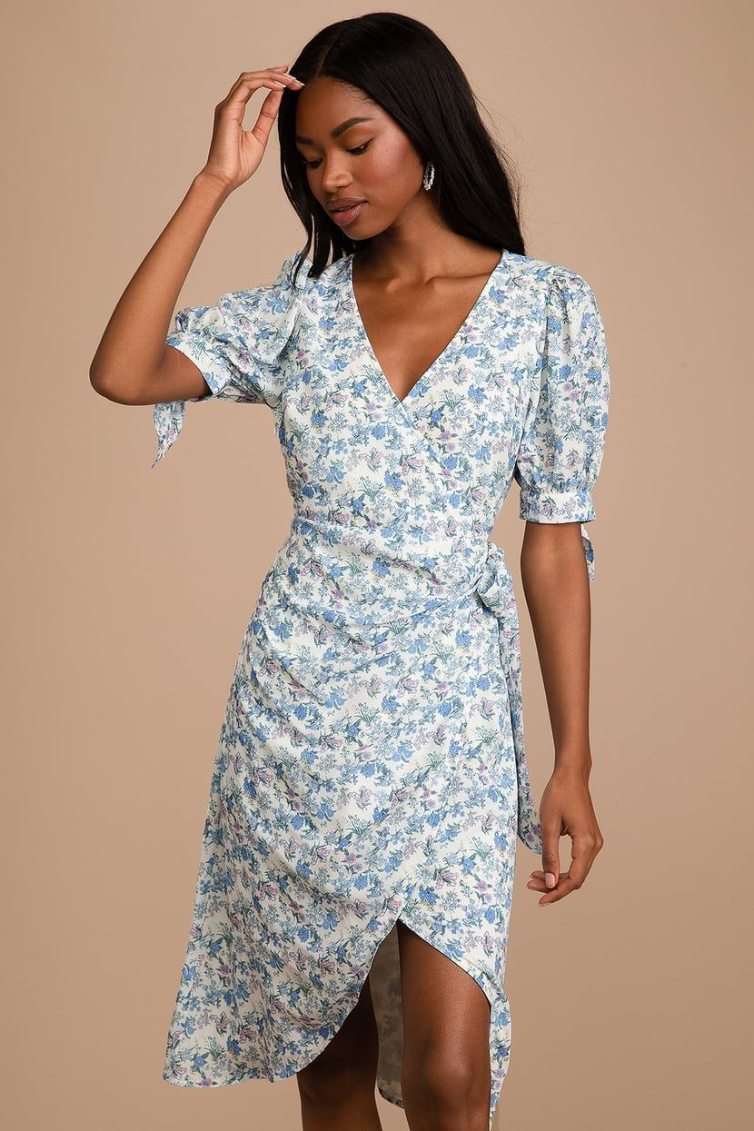 Exquisite Style White Floral Print Puff Sleeve Faux-Wrap Dress | Lulus (US)